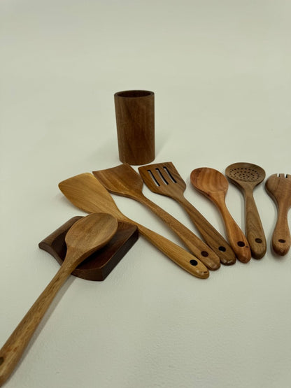 9 Piece Natural Teak Wooden Utensil Set - FREE DELIVERY - Deals Lab