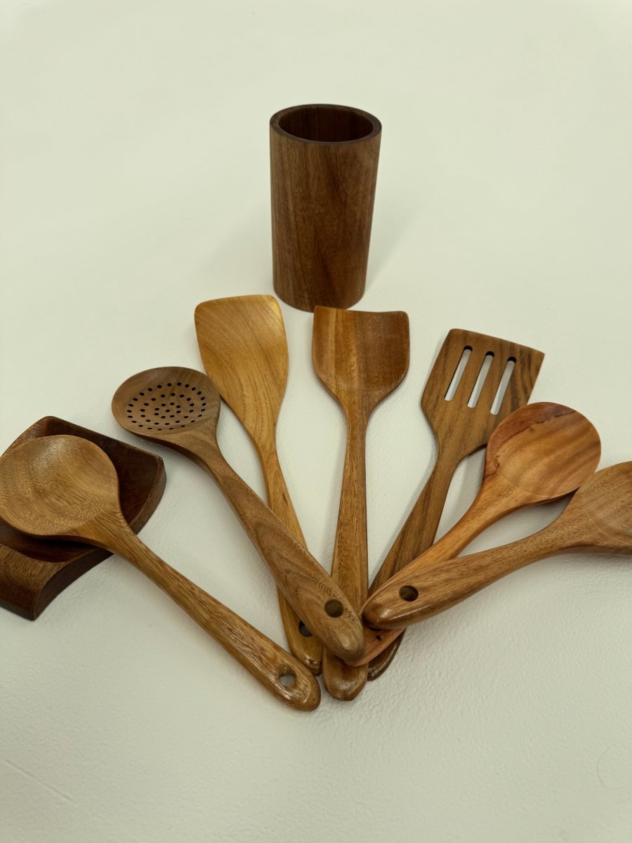 9 Piece Natural Teak Wooden Utensil Set - FREE DELIVERY - Deals Lab