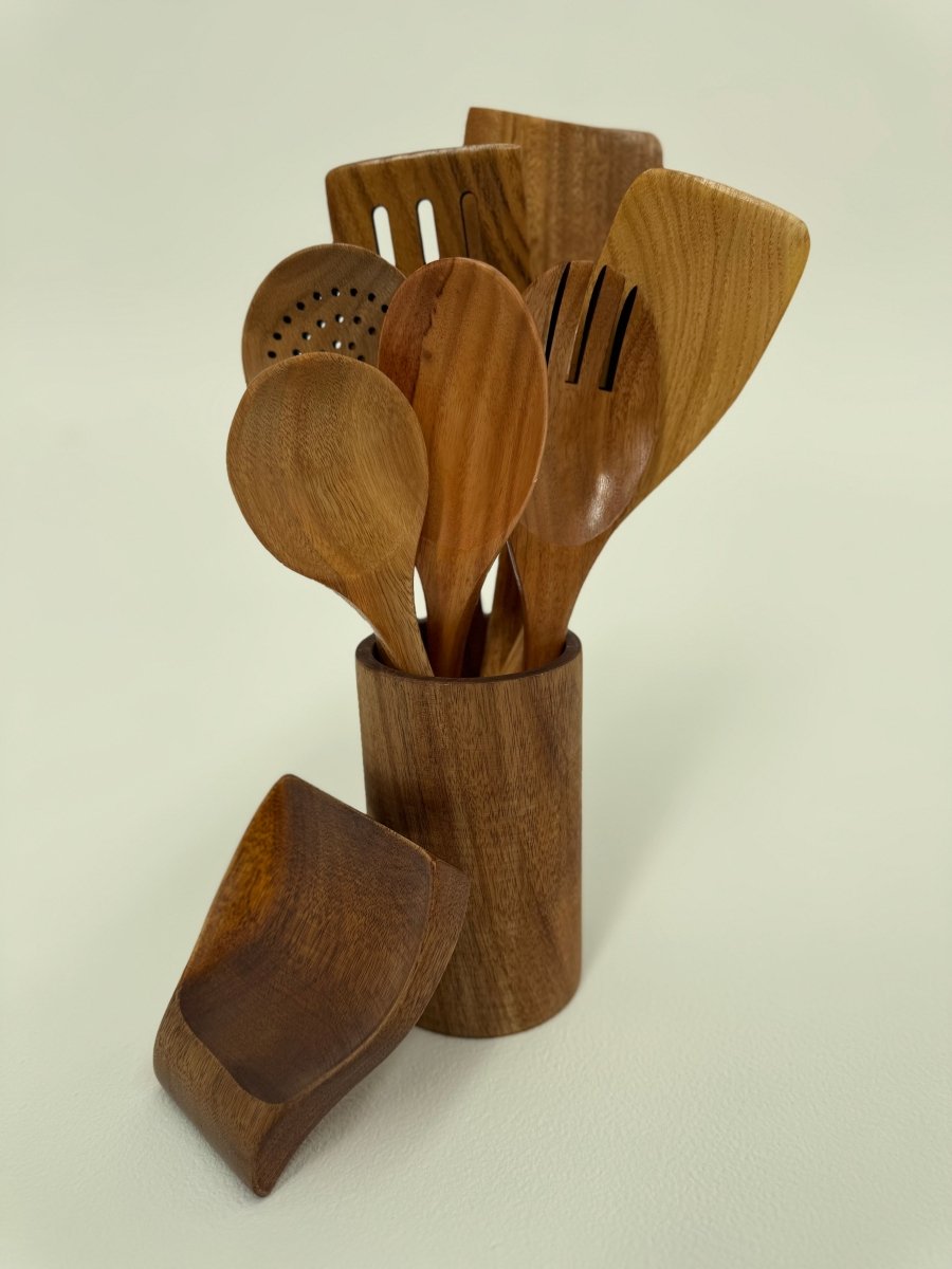 9 Piece Natural Teak Wooden Utensil Set - FREE DELIVERY - Deals Lab