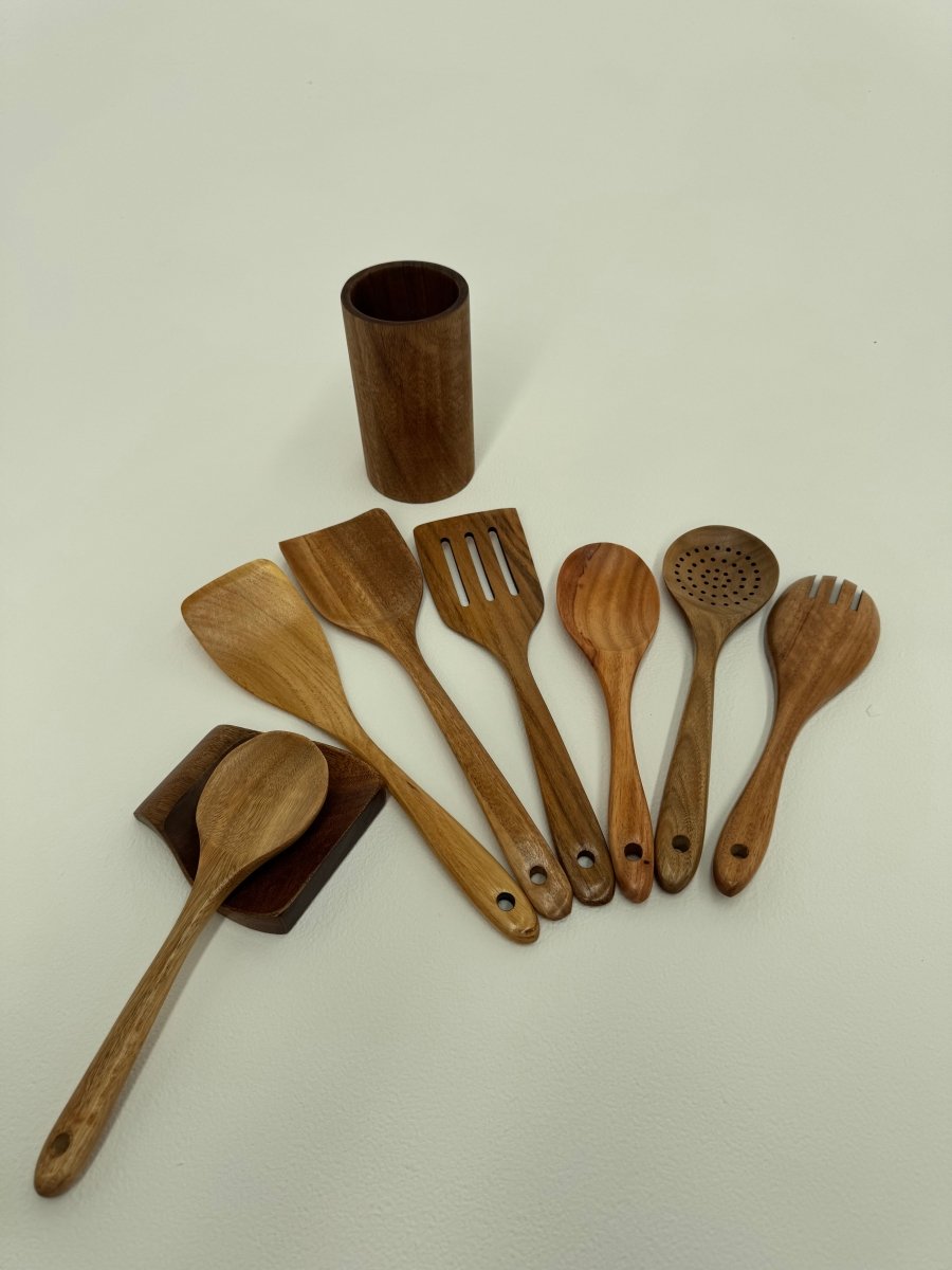 9 Piece Natural Teak Wooden Utensil Set - FREE DELIVERY - Deals Lab