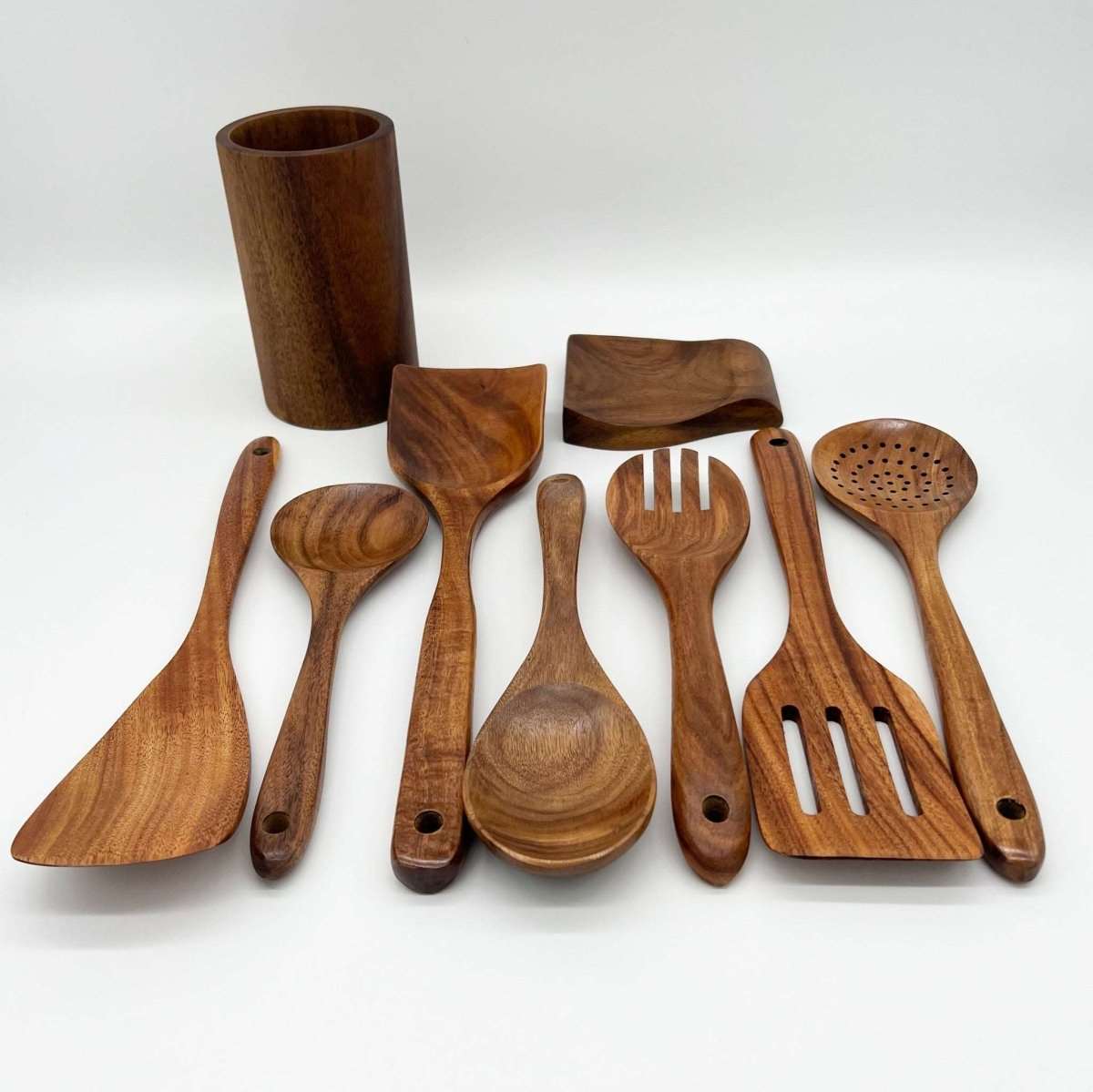 9 piece Natural Teak Wooden Utensil Set   Deals Lab