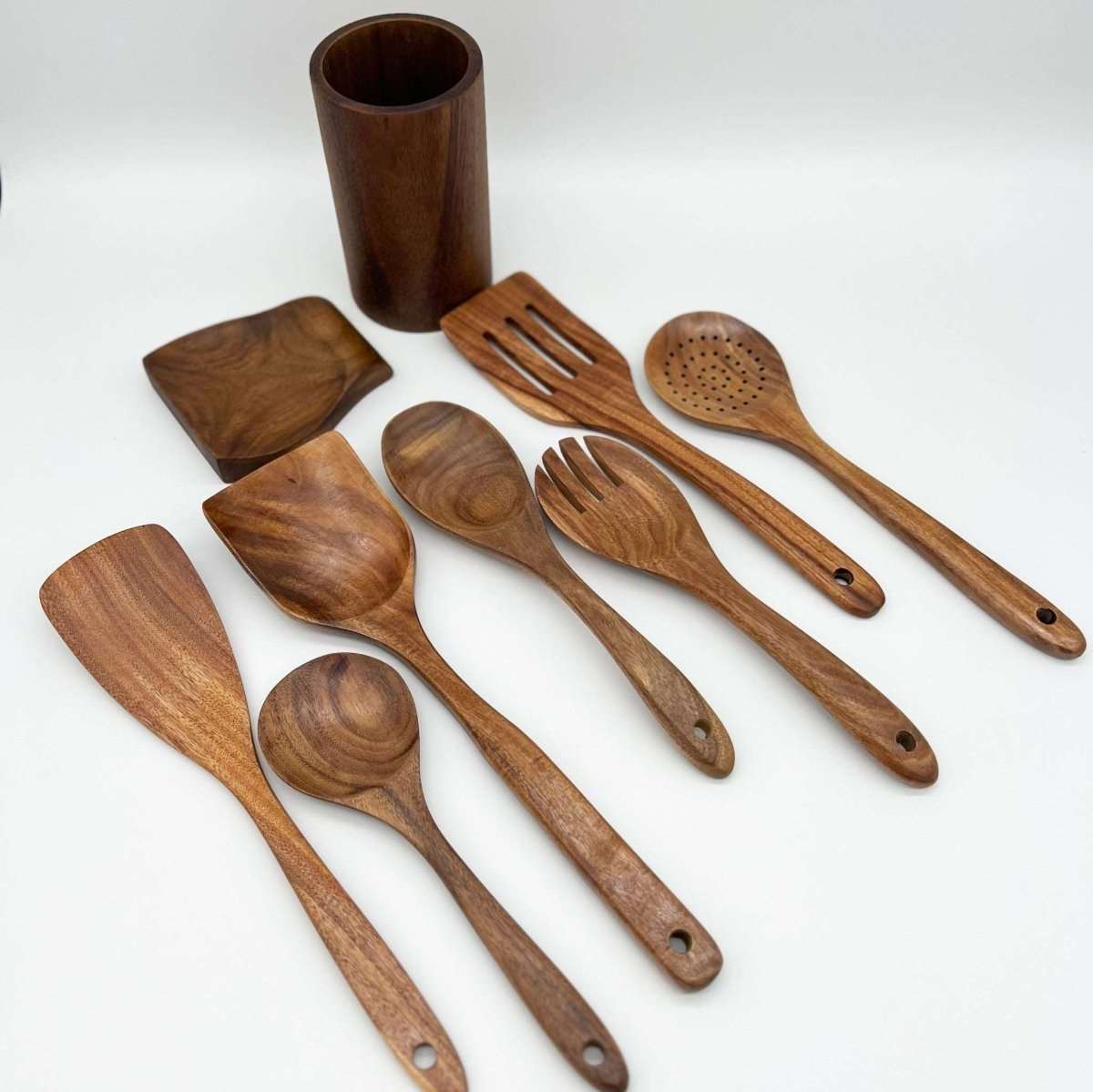 9-piece Natural Teak Wooden Utensil Set - Deals Lab